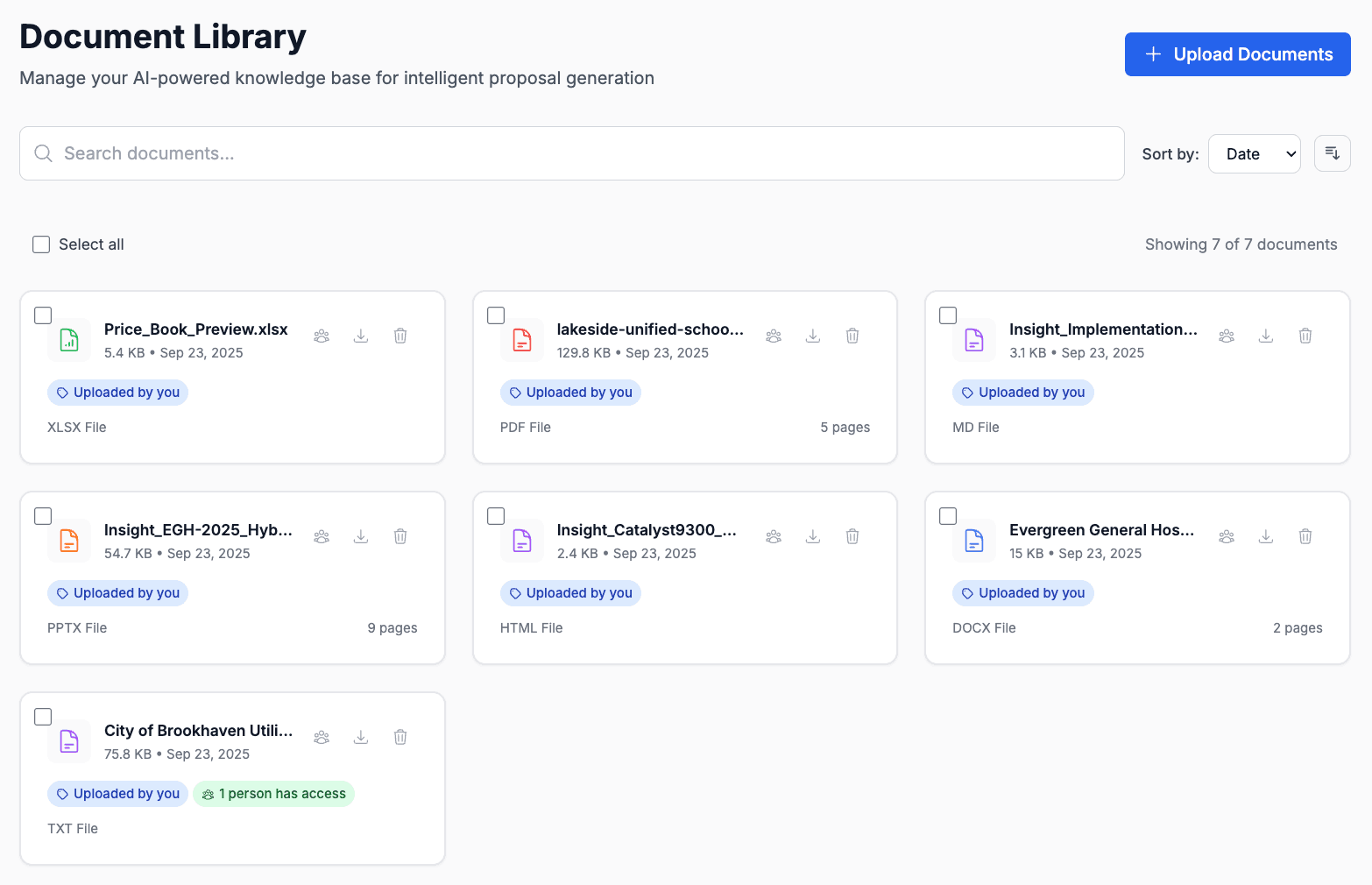 Consulting proposal software dashboard showing AI-generated proposals, case study library, and team collaboration features