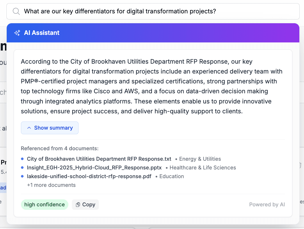 Government RFP software dashboard showing federal proposal automation and intelligent content generation